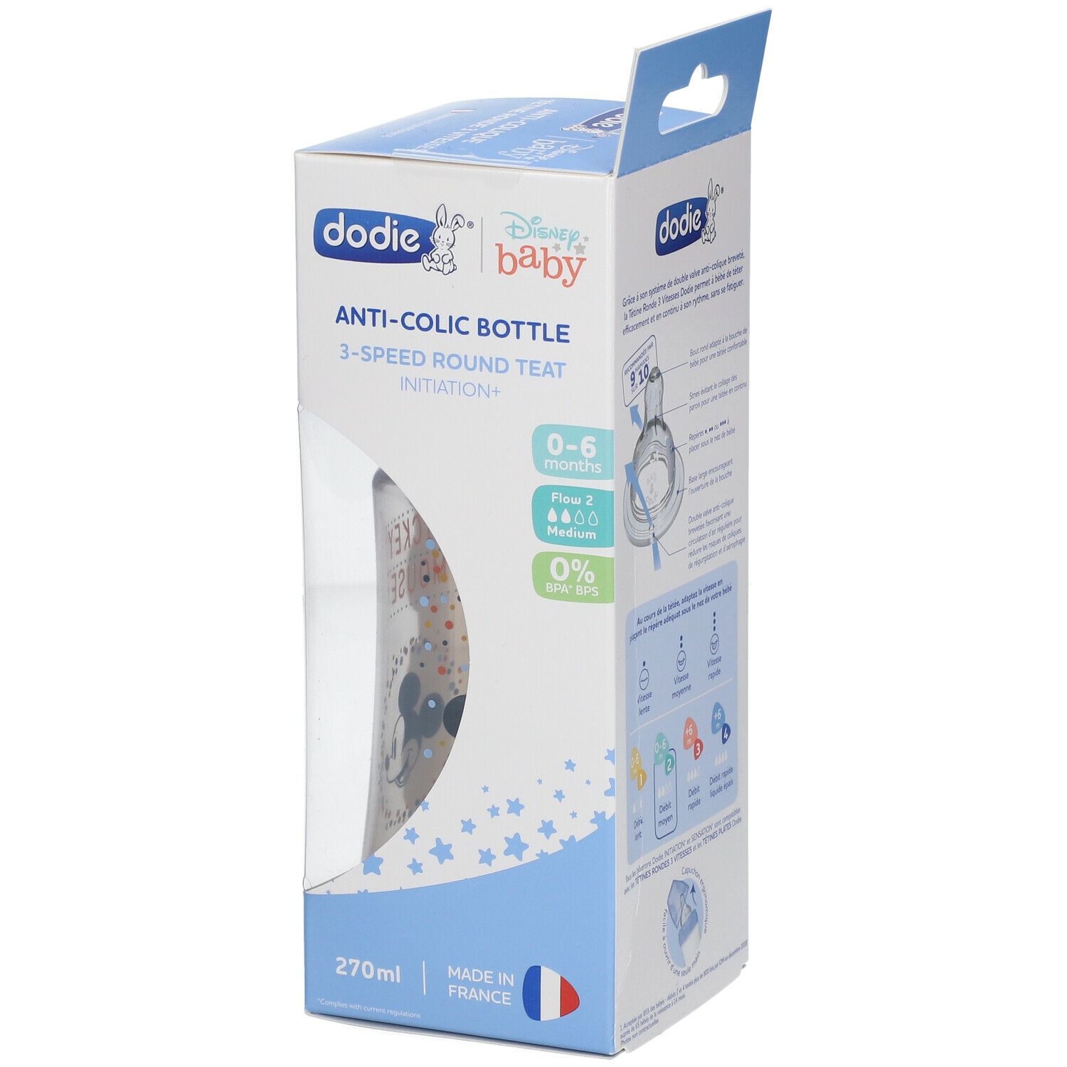Babyfles in verpakking. Transparante fles met Mickey Mouse-motief. Anti-koliek. 270 ml.