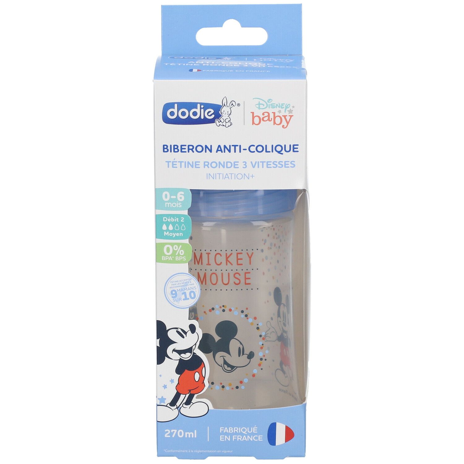 Babyfles in verpakking. Blauw, Mickey Mouse-motief. 270 ml. Anti-koliek. Voor 0-6 maanden.