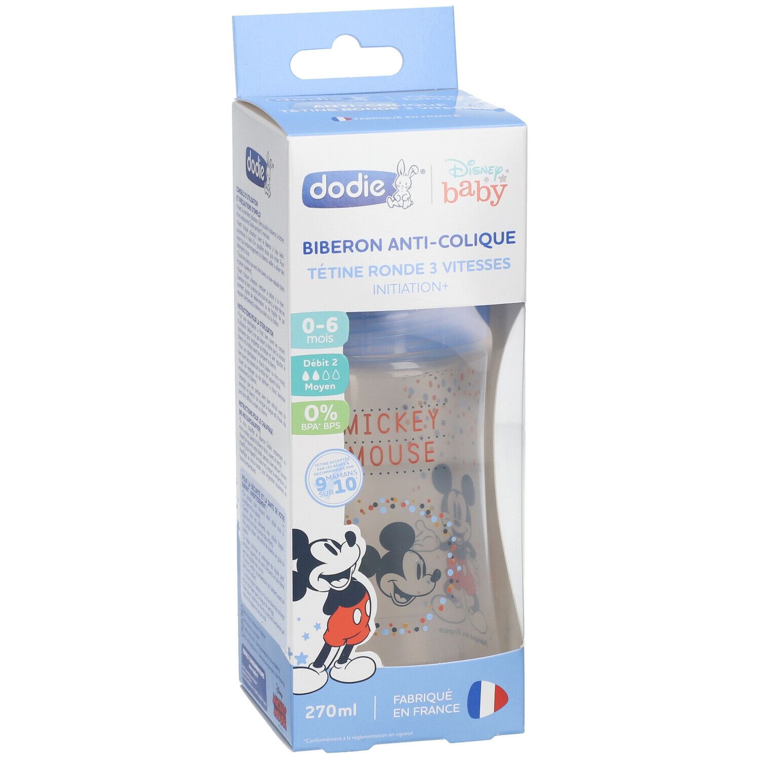 Babyfles in verpakking. Blauw, Mickey Mouse-motief. 270 ml. Anti-koliek. Voor 0-6 maanden.