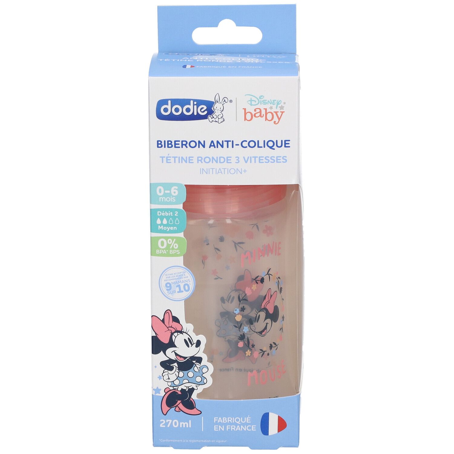 Dodie babyfles in verpakking. Roze fles met Minnie Mouse. Tekst: Anti-koliek, 0-6 maanden, 270 ml. Franse vlag.