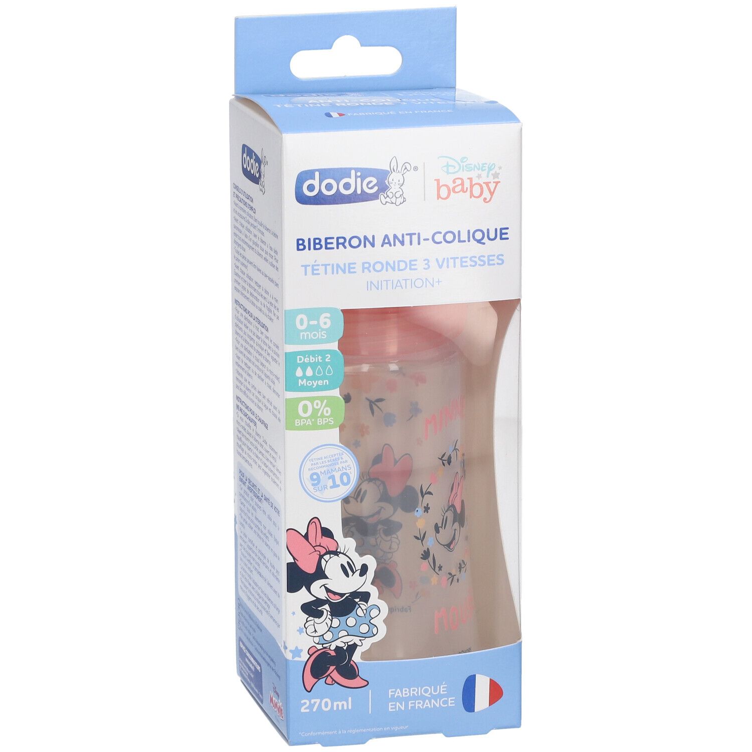 Dodie babyfles in verpakking. Roze fles met Minnie Mouse. Tekst: Anti-koliek, 0-6 maanden, 270 ml. Franse vlag.