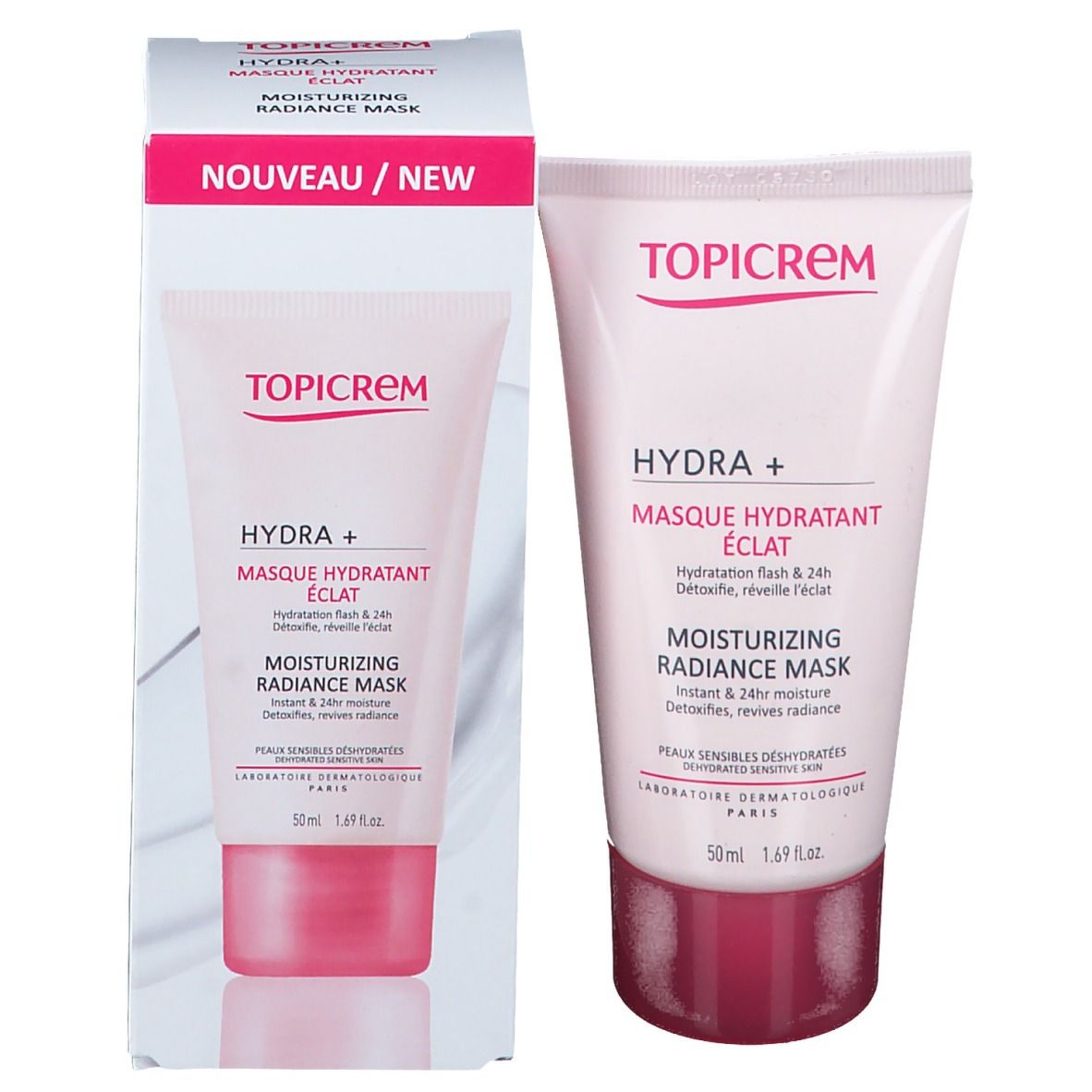 Product en verpakking. Tube en doos. Opschrift TOPICREM, HYDRA+ Masque Hydratant Éclat, Moisturizing Radiance Mask.