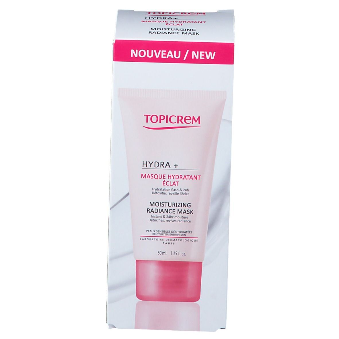 Doos met tube. Opschrift TOPICREM, HYDRA+ Masque Hydratant Éclat, Moisturizing Radiance Mask. Nieuw/New.
