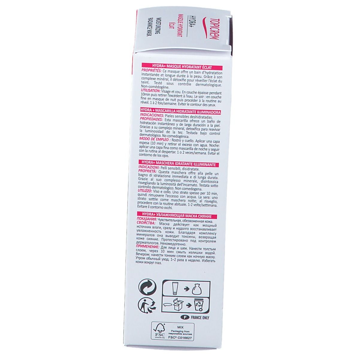 Doos. Opschrift TOPICREM, HYDRA+ Masque Hydratant Éclat, Moisturizing Radiance Mask. Meertalige tekst.