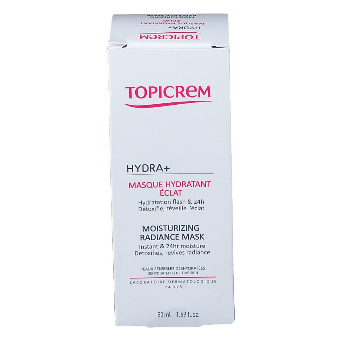 Doos. Opschrift TOPICREM, HYDRA+ Masque Hydratant Éclat, Moisturizing Radiance Mask. 50ml.