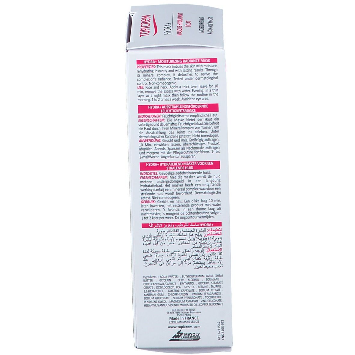 Achterkant van de verpakking. Meertalige tekst. Ingrediënten en gebruiksaanwijzing.
