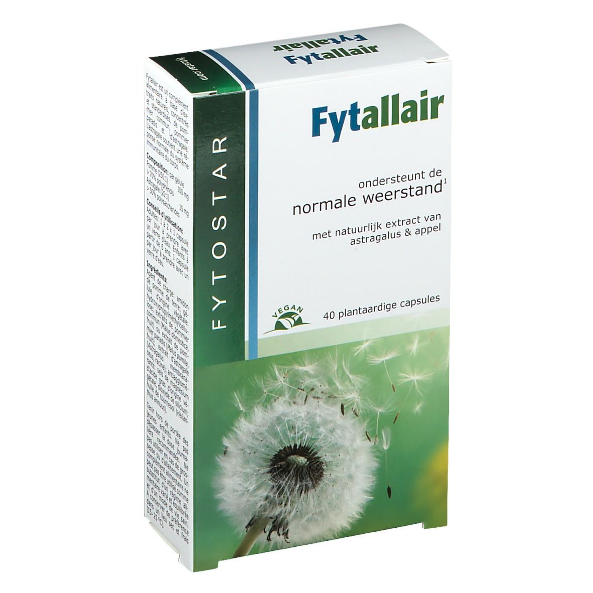Boîte Fytostar Fytallair. Boîte blanche avec accents verts. Contient 40 gélules végétales. Label Vegan.