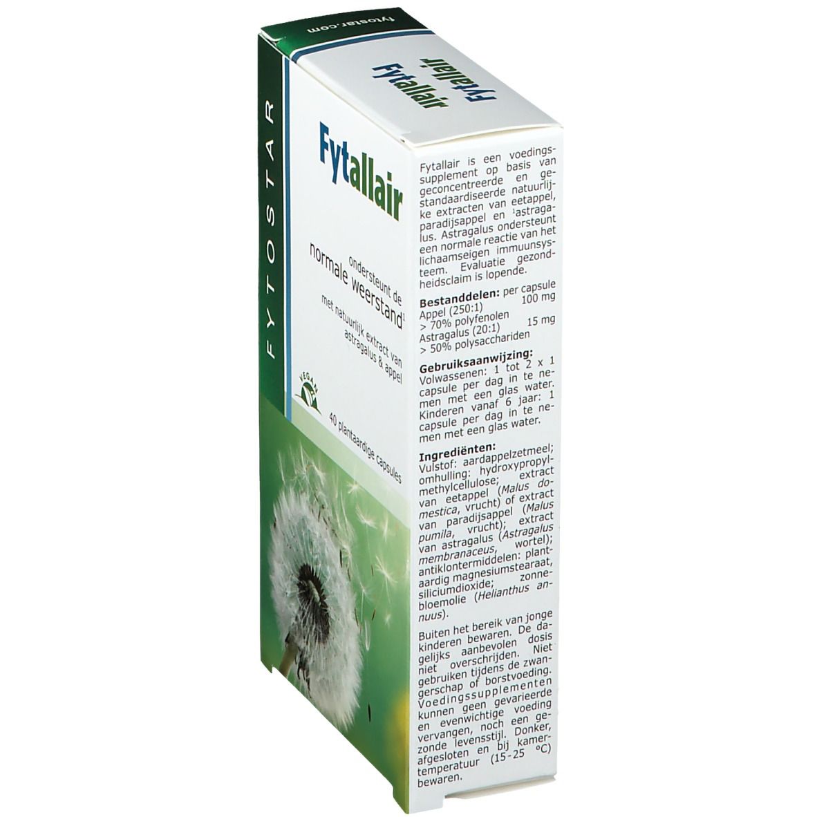 Boîte Fytostar Fytallair, vue latérale. Texte sur les ingrédients et le dosage. Contient des informations.