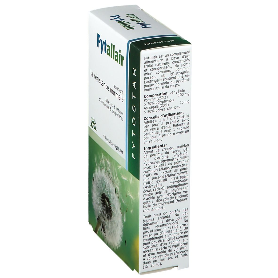 Boîte Fytostar Fytallair, vue latérale. Texte sur les ingrédients et le dosage. Contient des informations.