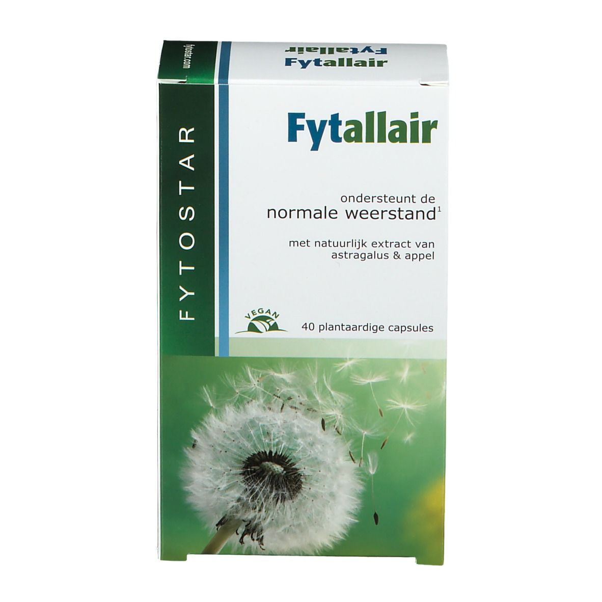 Boîte Fytostar Fytallair. Boîte blanche avec accents verts. Contient 40 gélules végétales. Label Vegan.