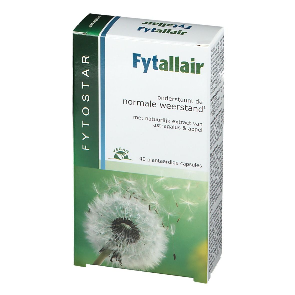 Boîte Fytostar Fytallair. Boîte blanche avec accents verts. Contient 40 gélules végétales. Label Vegan.