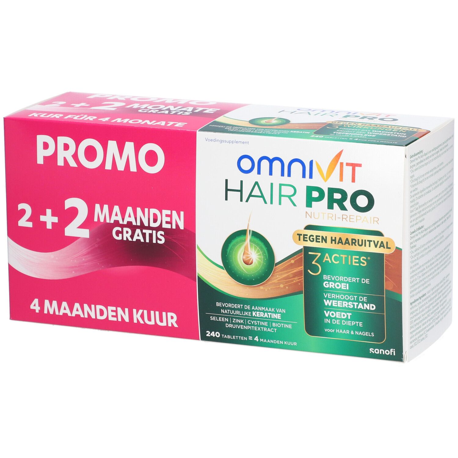 Verpakking Omnivit Hair Pro. Promo 2+2 gratis. Kuur 4 maanden. Ingrediënten.