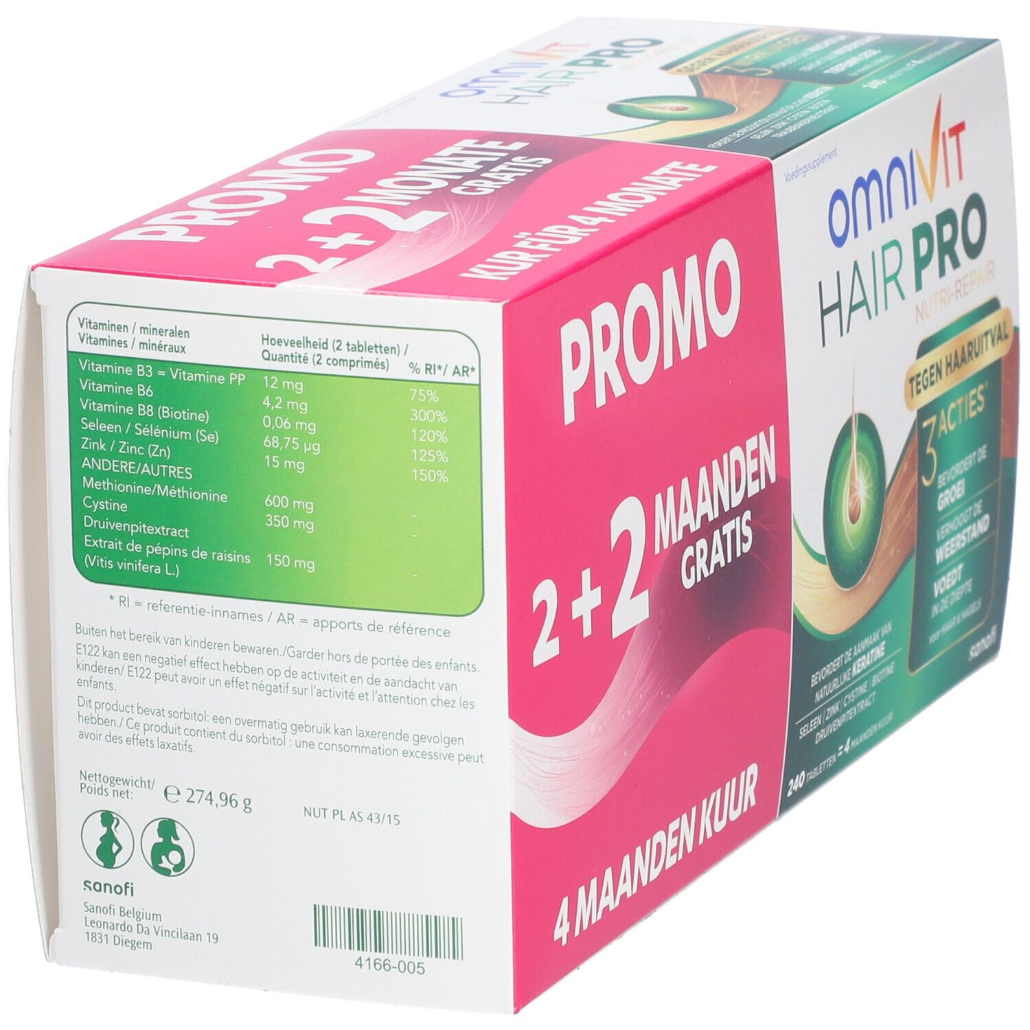 Verpakking Omnivit Hair Pro. Promo 2+2 gratis. Kuur 4 maanden. Voedingstabel.
