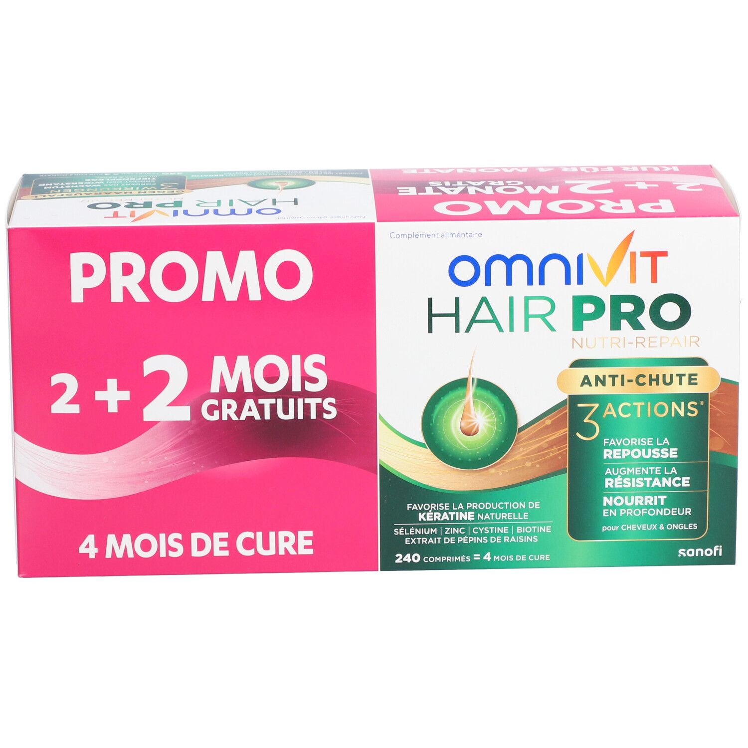 Verpakking Omnivit Hair Pro. Promo 2+2 gratis. Kuur 4 maanden. Productinformatie.