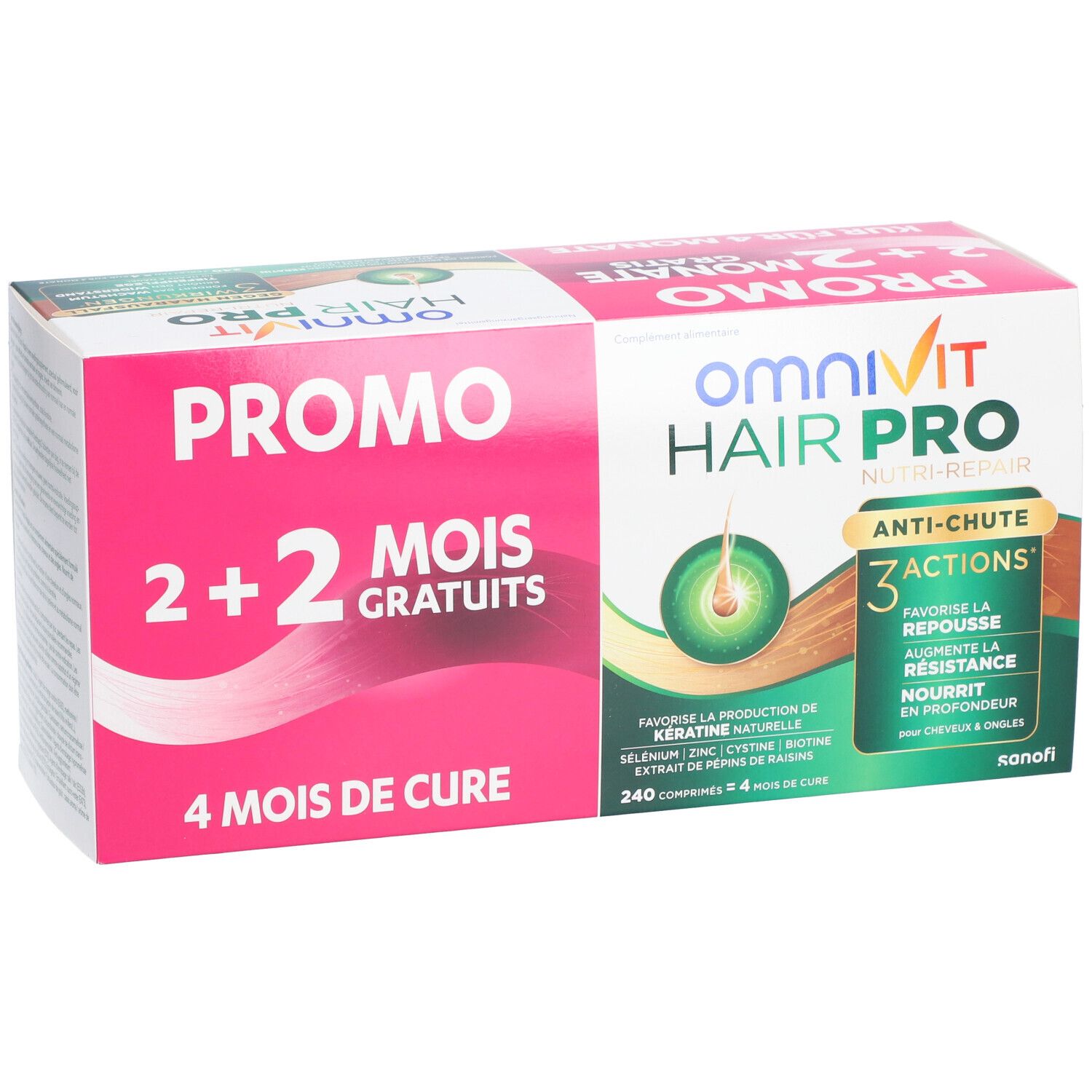 Verpakking Omnivit Hair Pro. Promo 2+2 gratis. Kuur 4 maanden. Productinformatie.