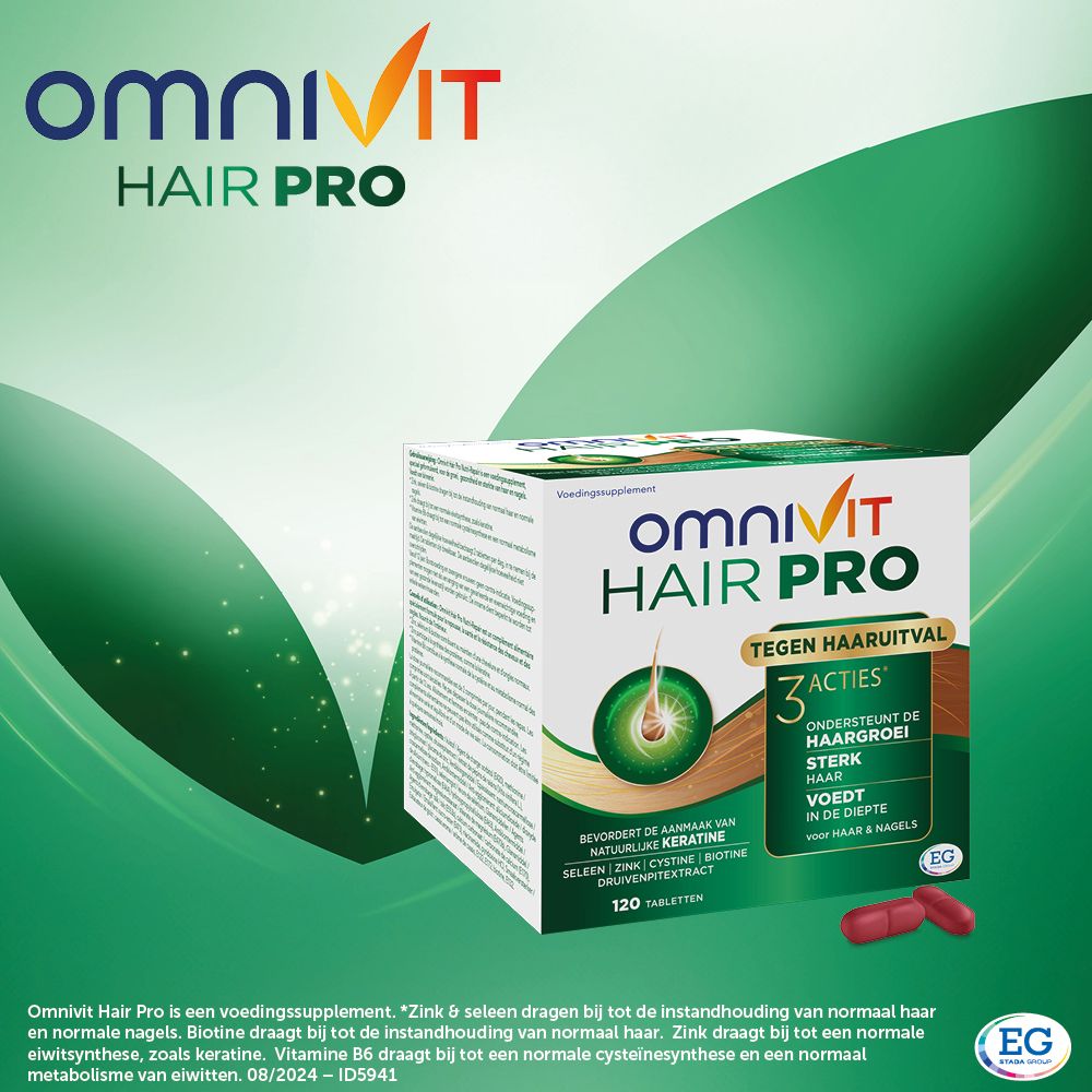 Verpakking Omnivit Hair Pro. Tegen haaruitval, 3 acties. 120 tabletten.