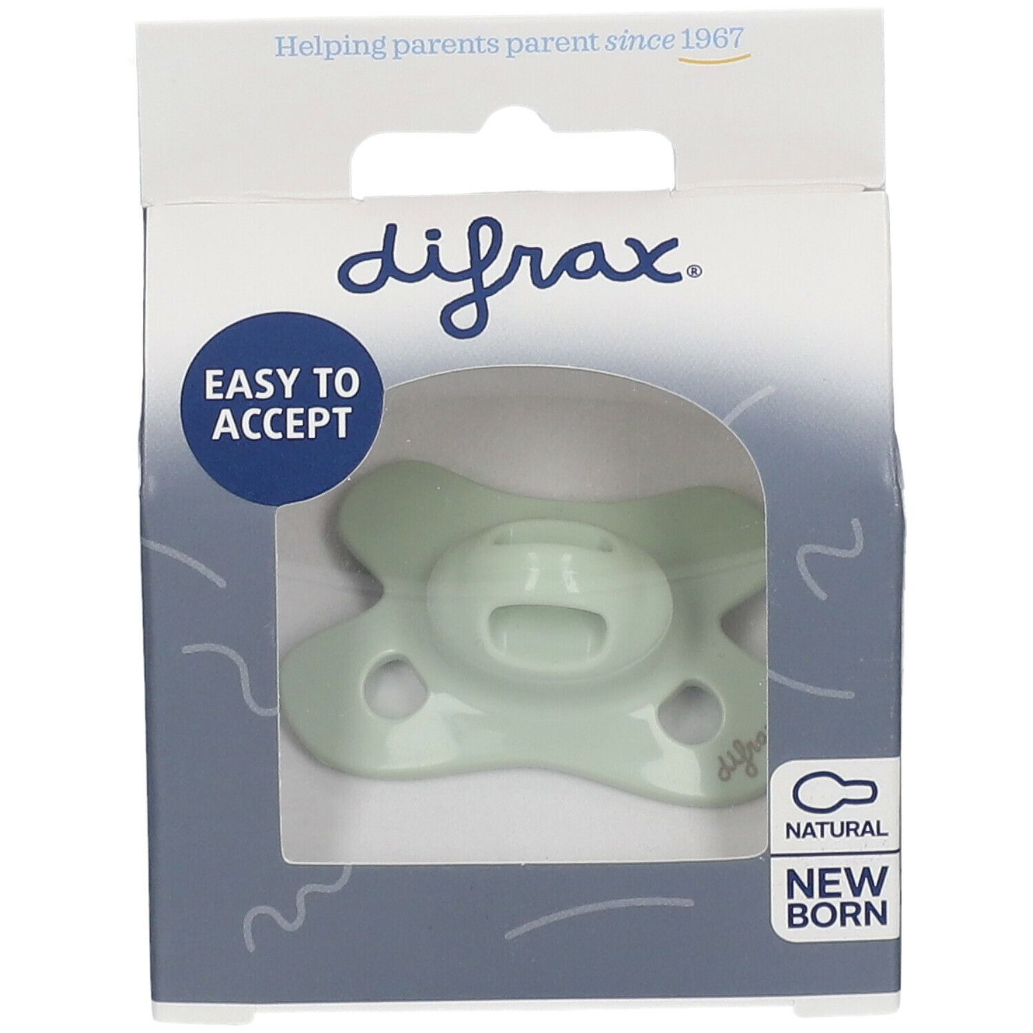 Verpakking met groene fopspeen. De fopspeen heeft een vlindervorm. De merknaam difrax is zichtbaar.