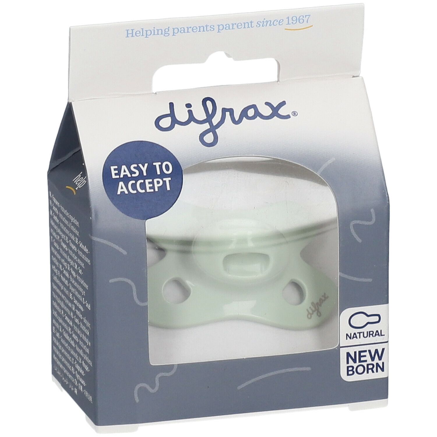 Verpakking met groene fopspeen. De fopspeen heeft een ronde vorm. De merknaam difrax is zichtbaar.