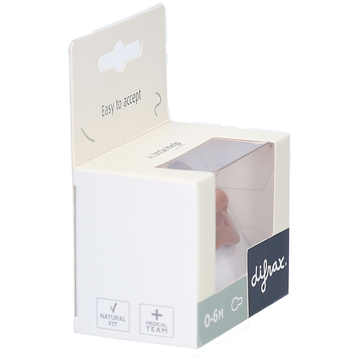 Weiße Verpackung mit Sichtfenster. Brauner Schnuller sichtbar. Aufschrift "difrax", "0-6M".