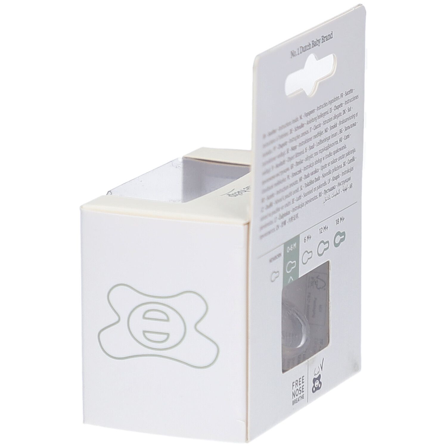 Weiße Verpackung mit Sichtfenster. Rückseite mit Text und Symbolen.  
