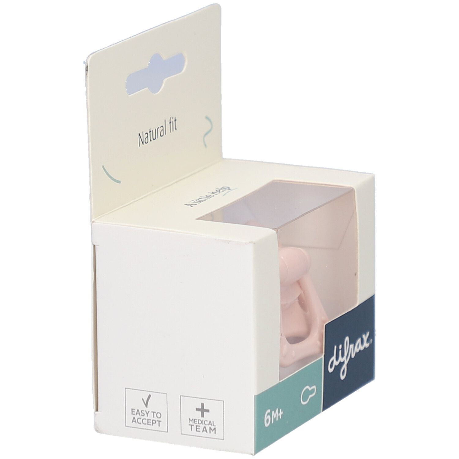 Rosa Schnuller in Verpackung. Sichtbar: Marke difrax, 6M+, Natural fit, Easy to accept.