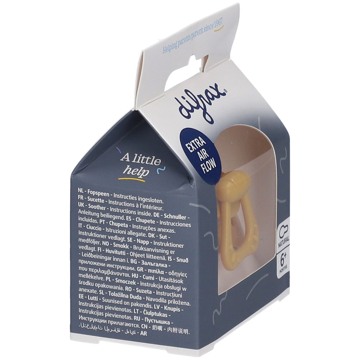 Verpackung mit gelbem Schnuller. Aufschrift: difrax, Extra Air Flow, Natural, 6+ Monate. Mehrsprachige Anweisungen.