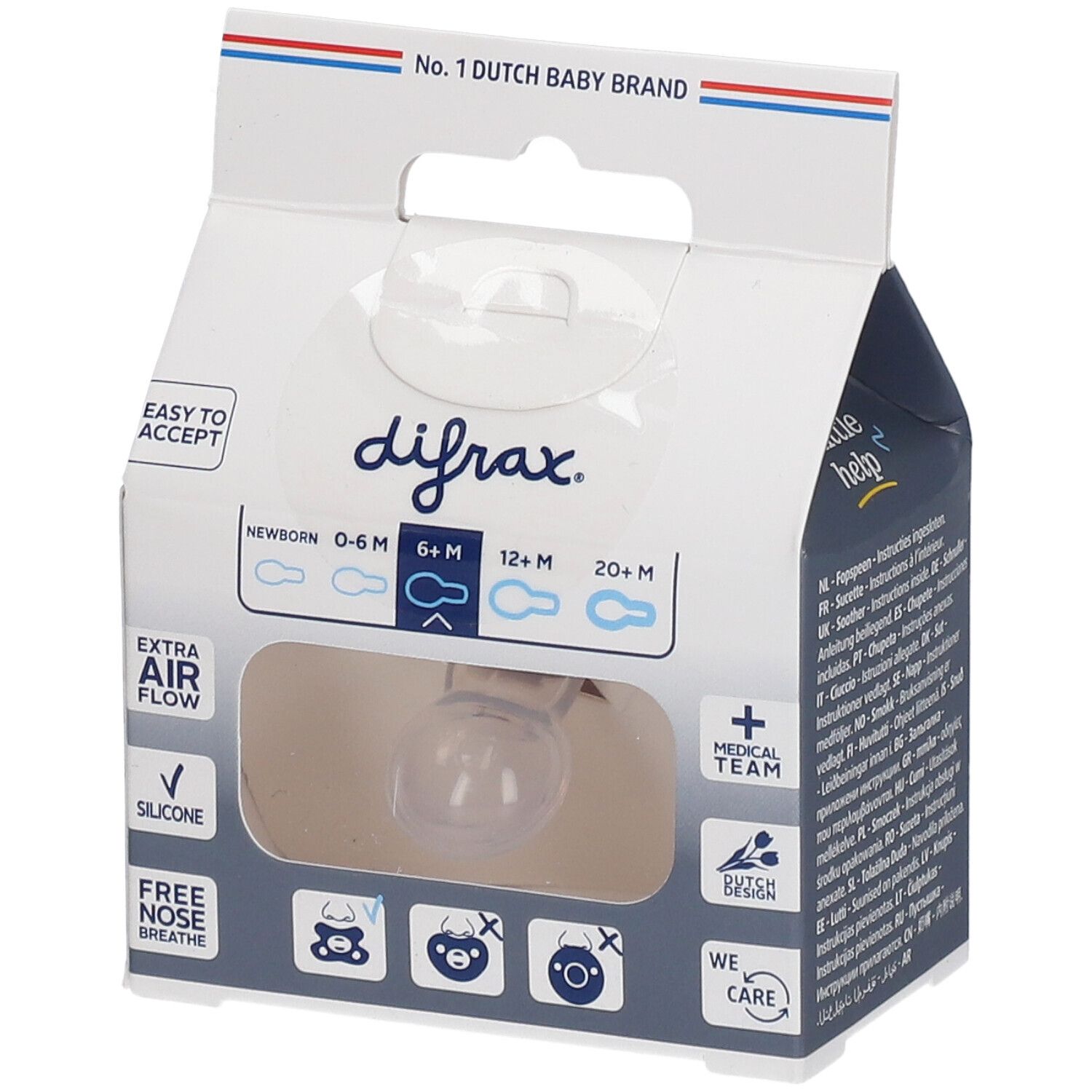 Verpackung mit transparentem Schnuller. Aufschrift: difrax, 0-6M, 6+M, 12+M, 20+M, Extra Air Flow, Silikon.