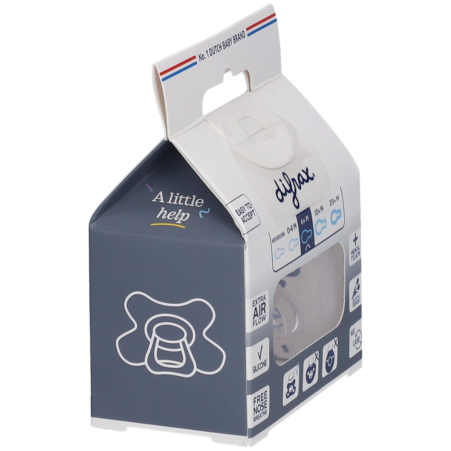 Verpackung mit transparentem Schnuller. Aufschrift: difrax, 0-6M, 6+M, 12+M, 20+M, Extra Air Flow, Silikon.