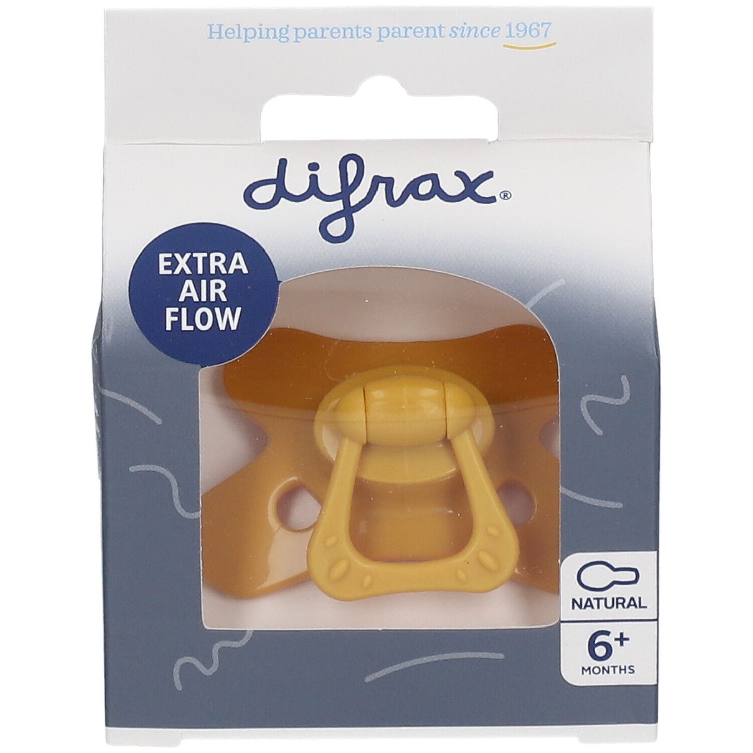 Gelber Schnuller in Verpackung. Aufschrift: difrax, Extra Air Flow, Natural, 6+ Monate.