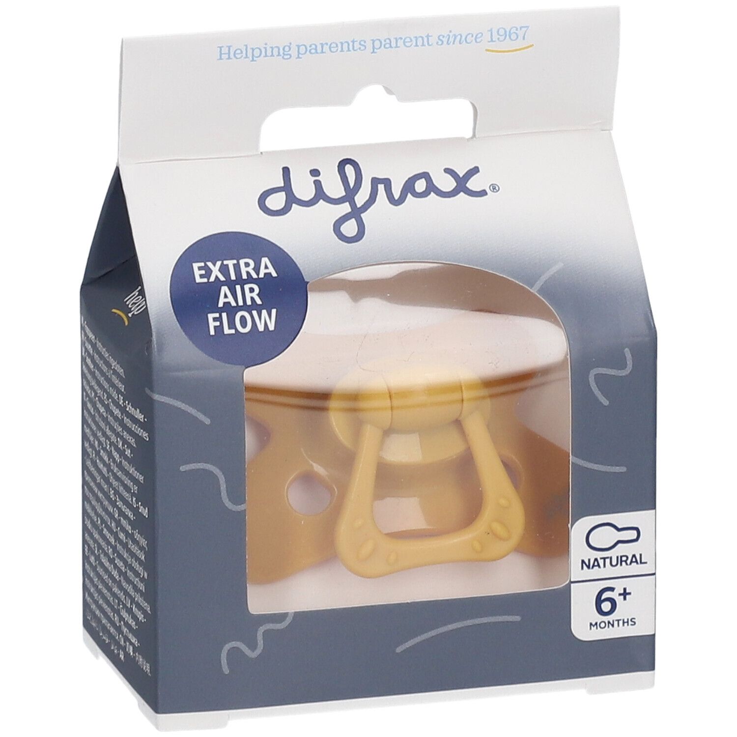 Gelber Schnuller in Verpackung. Aufschrift: difrax, Extra Air Flow, Natural, 6+ Monate.
