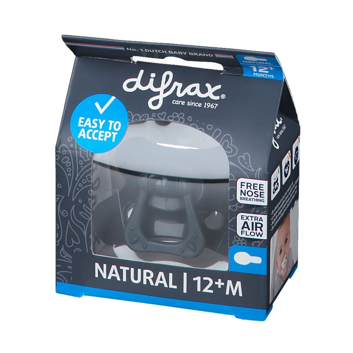 Hellgrauer Schnuller in Verpackung. Marke Difrax, Schriftzug NATURAL 12+M, 'Easy to Accept' und 'Free Nose Breathing'.