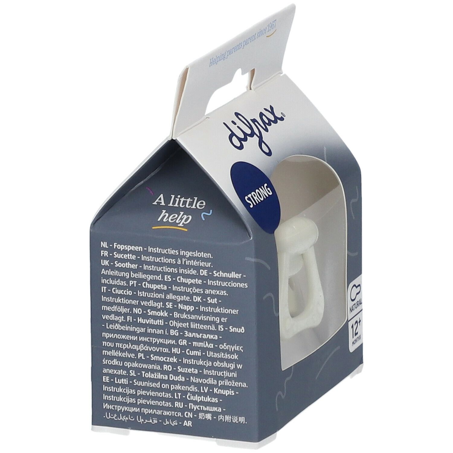 Verpakking met meertalige tekst. Merk difrax. Beige speen met handvat zichtbaar door een venster.