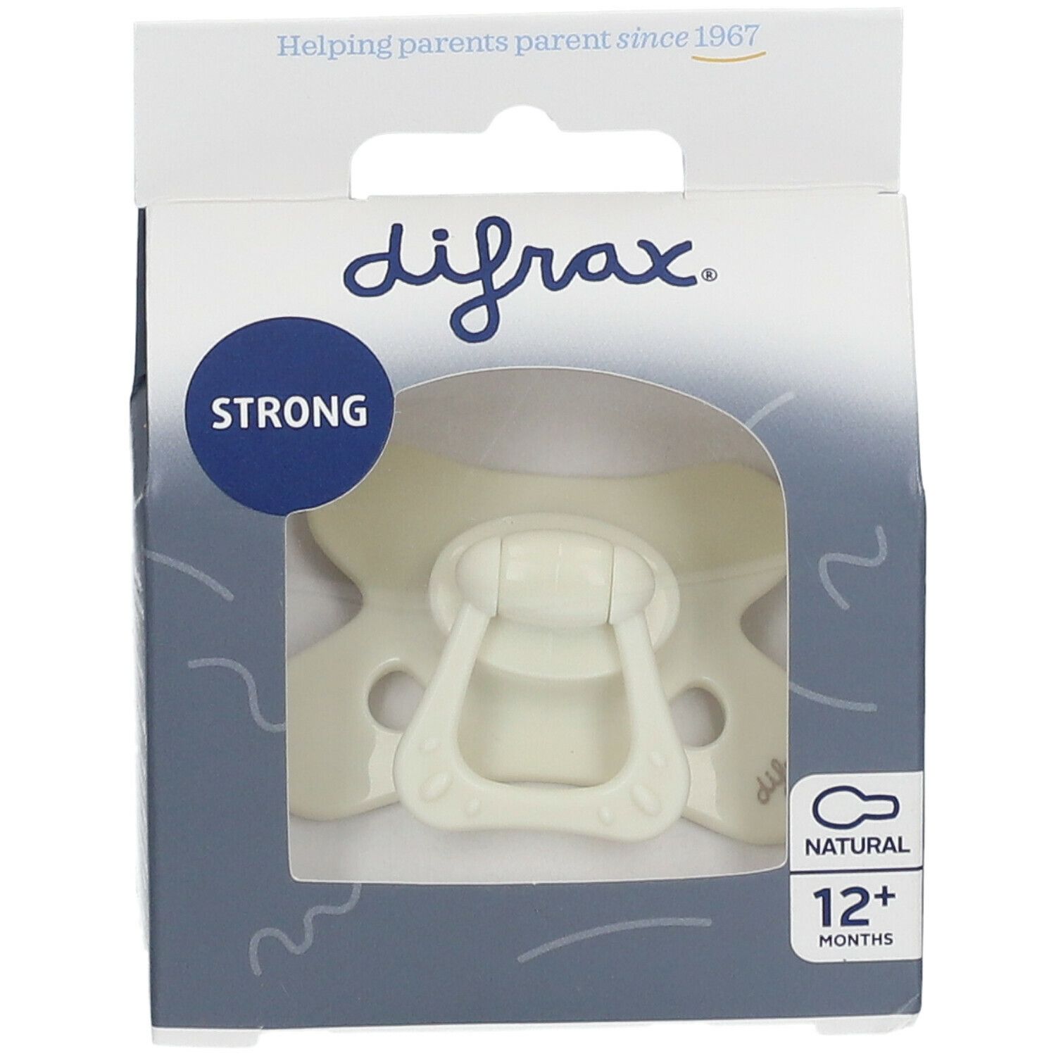 Speen in verpakking. Merk difrax, NATURAL 12+ maanden. Beige speen met handvat. Verpakking met venster.