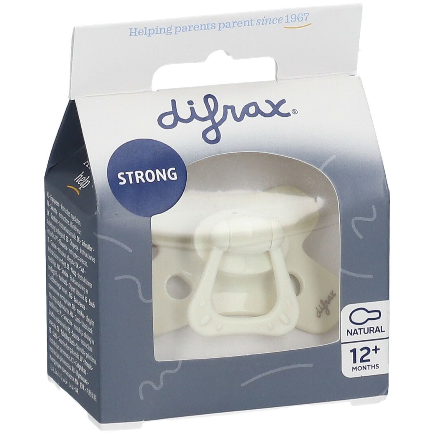 Speen in verpakking. Merk difrax, NATURAL 12+ maanden. Beige speen met handvat. Verpakking met venster.
