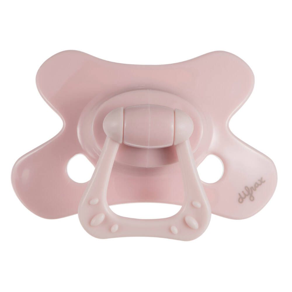 Sucette rose en forme de papillon. Tétine et poignée rose clair. Marque difrax.