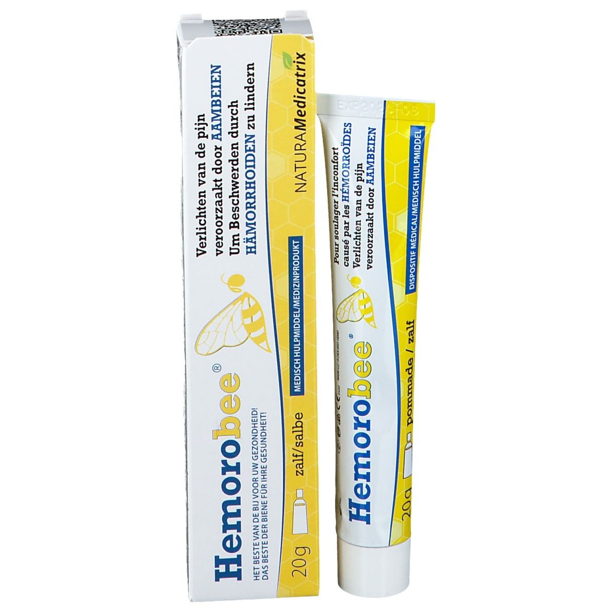 Boîte et tube "Hemorobee". Boîte avec nom et logo du produit. Tube à côté. 20g.