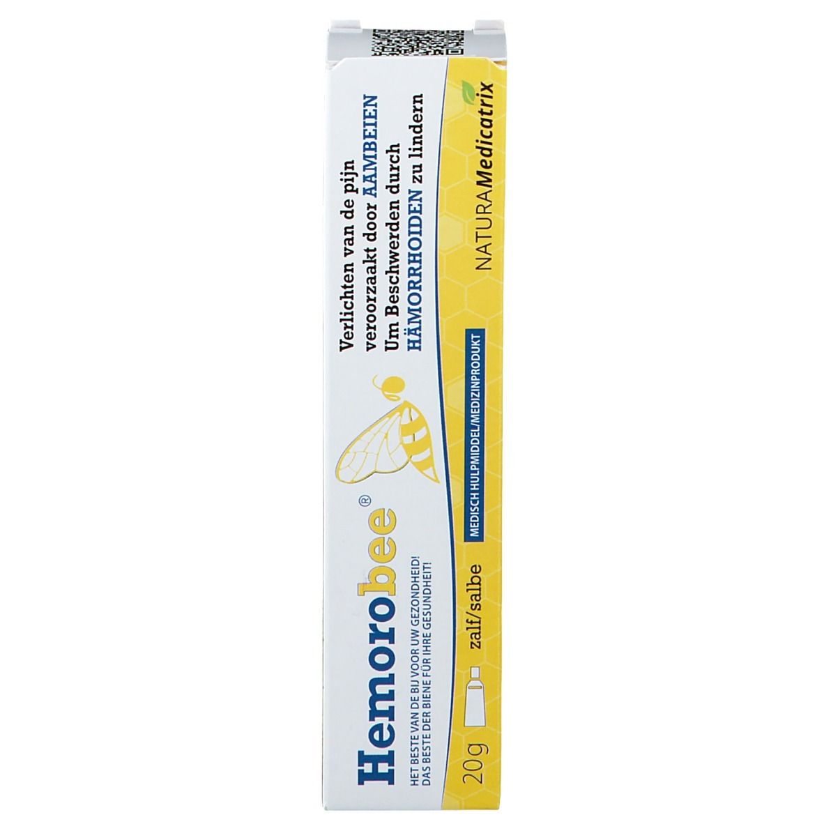 Boîte "Hemorobee". Nom et logo du produit. Texte multilingue. 20g. Dispositif médical.