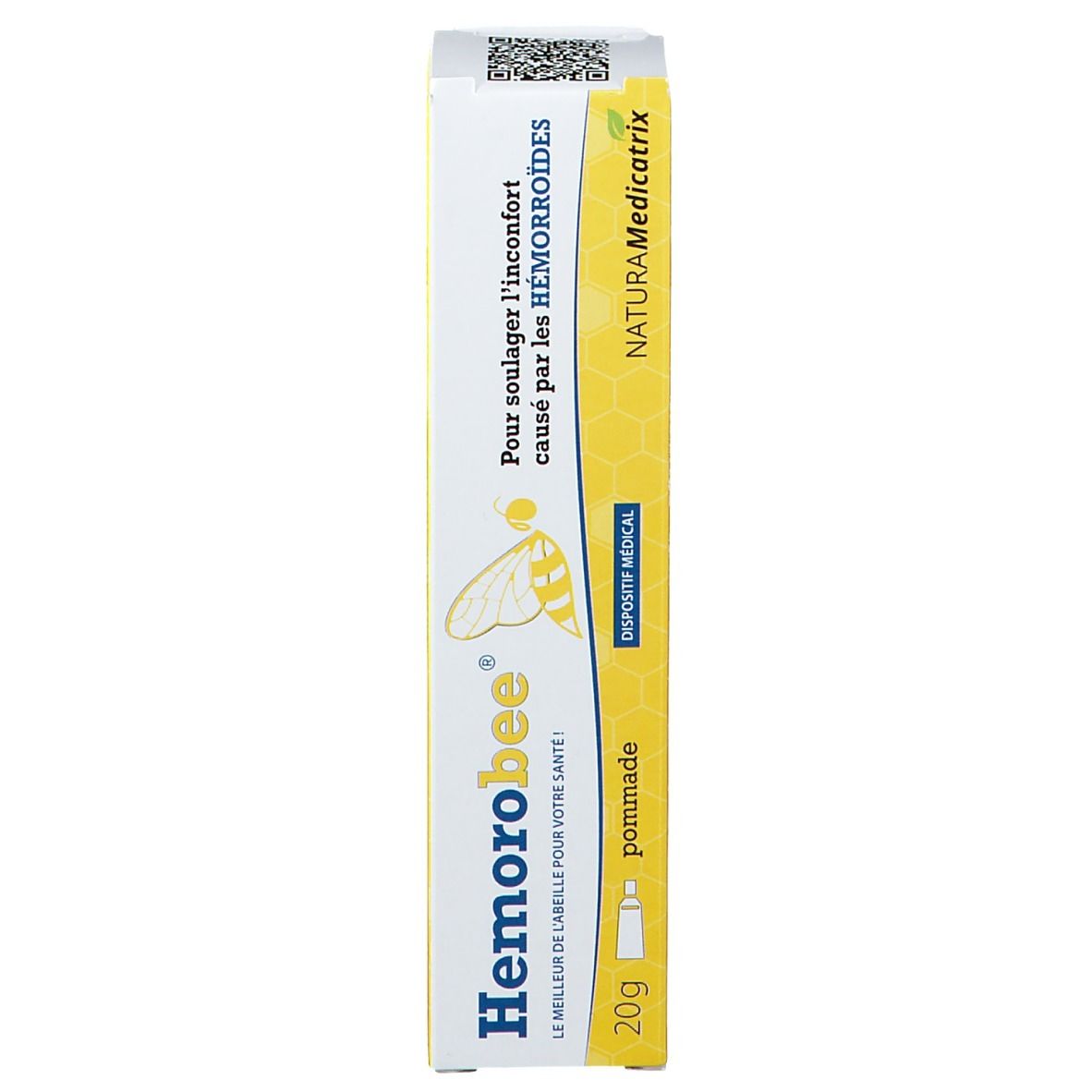 Face avant de la boîte. Nom du produit "Hemorobee". Logo et texte multilingue. 20g.