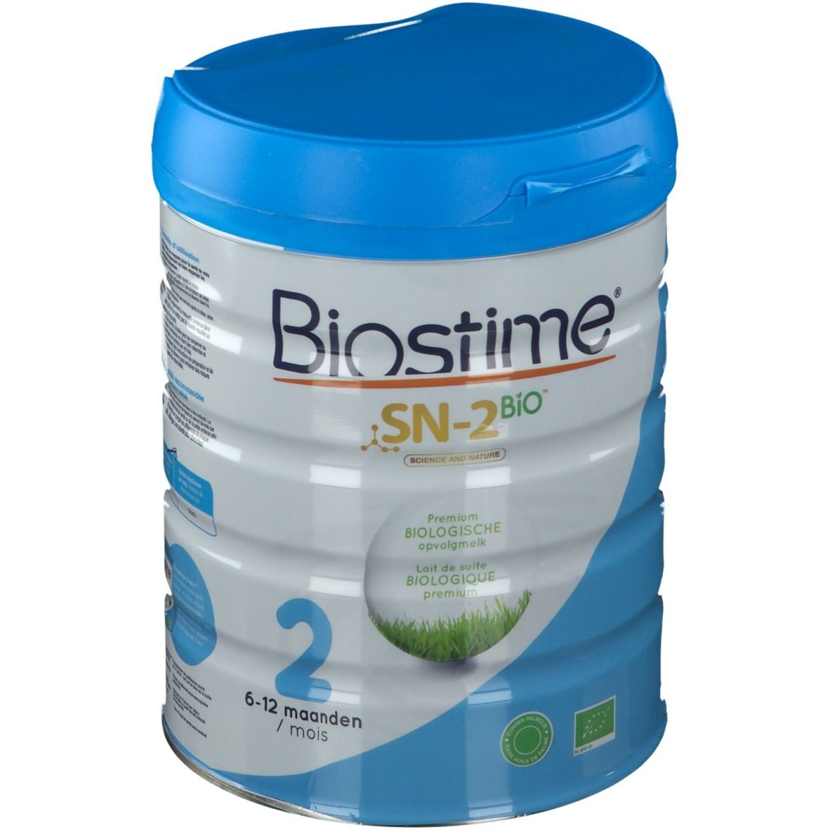 Cilindervormige bus Biostime SN-2 BIO. Blauw-witte verpakking. Blauwe deksel. Opschrift: 2, 6-12 maanden. Bio-keurmerk.