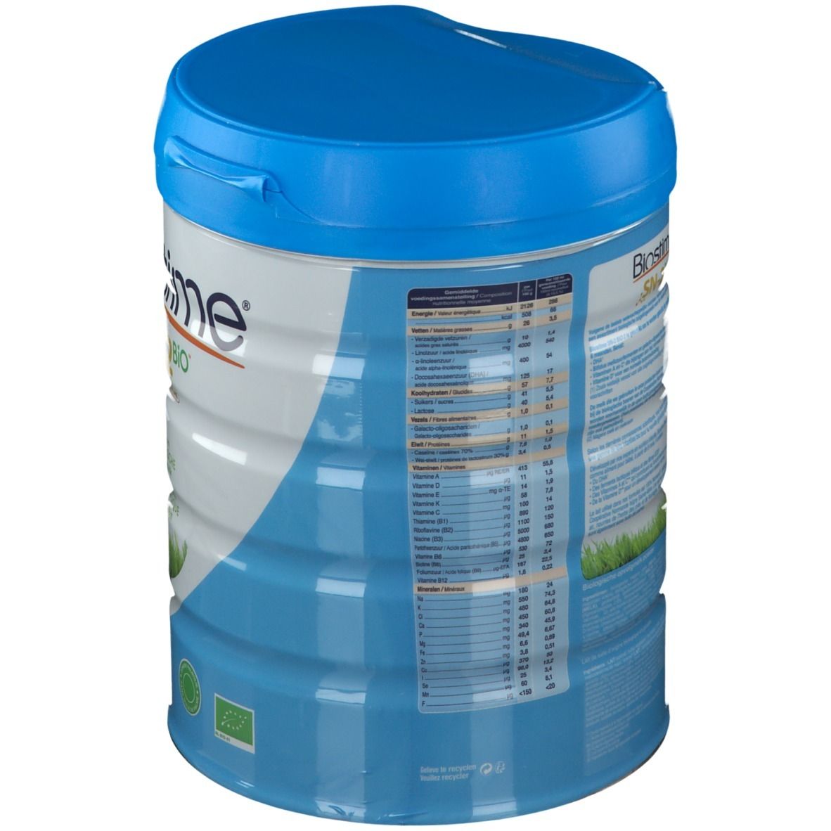 Achterkant van de bus Biostime SN-2 BIO. Blauw-witte verpakking. Blauwe deksel. Voedingswaarde-informatie en bio-keurmerk.