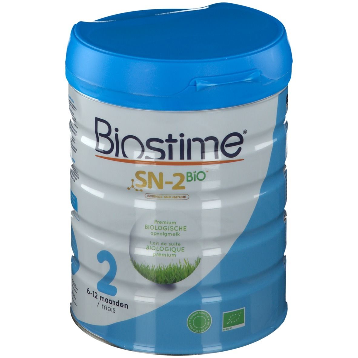Cilindervormige bus Biostime SN-2 BIO. Blauw-witte verpakking. Blauwe deksel. Opschrift: 2, 6-12 maanden. Bio-keurmerk.