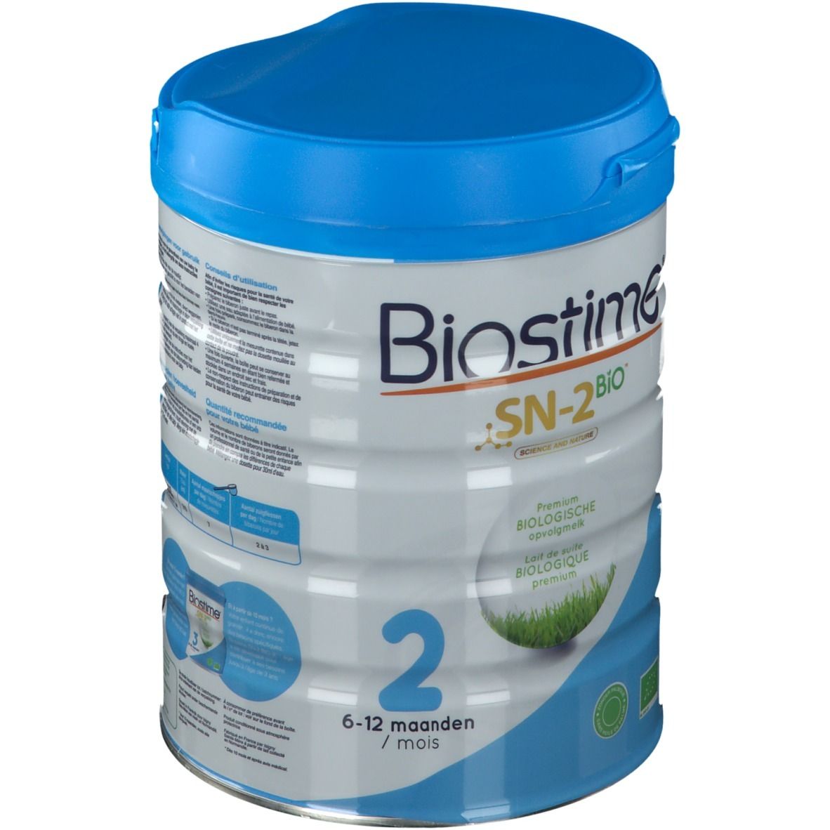 Cilindervormige bus Biostime SN-2 BIO. Blauw-witte verpakking. Blauwe deksel. Opschrift: 2, 6-12 maanden. Bio-keurmerk.