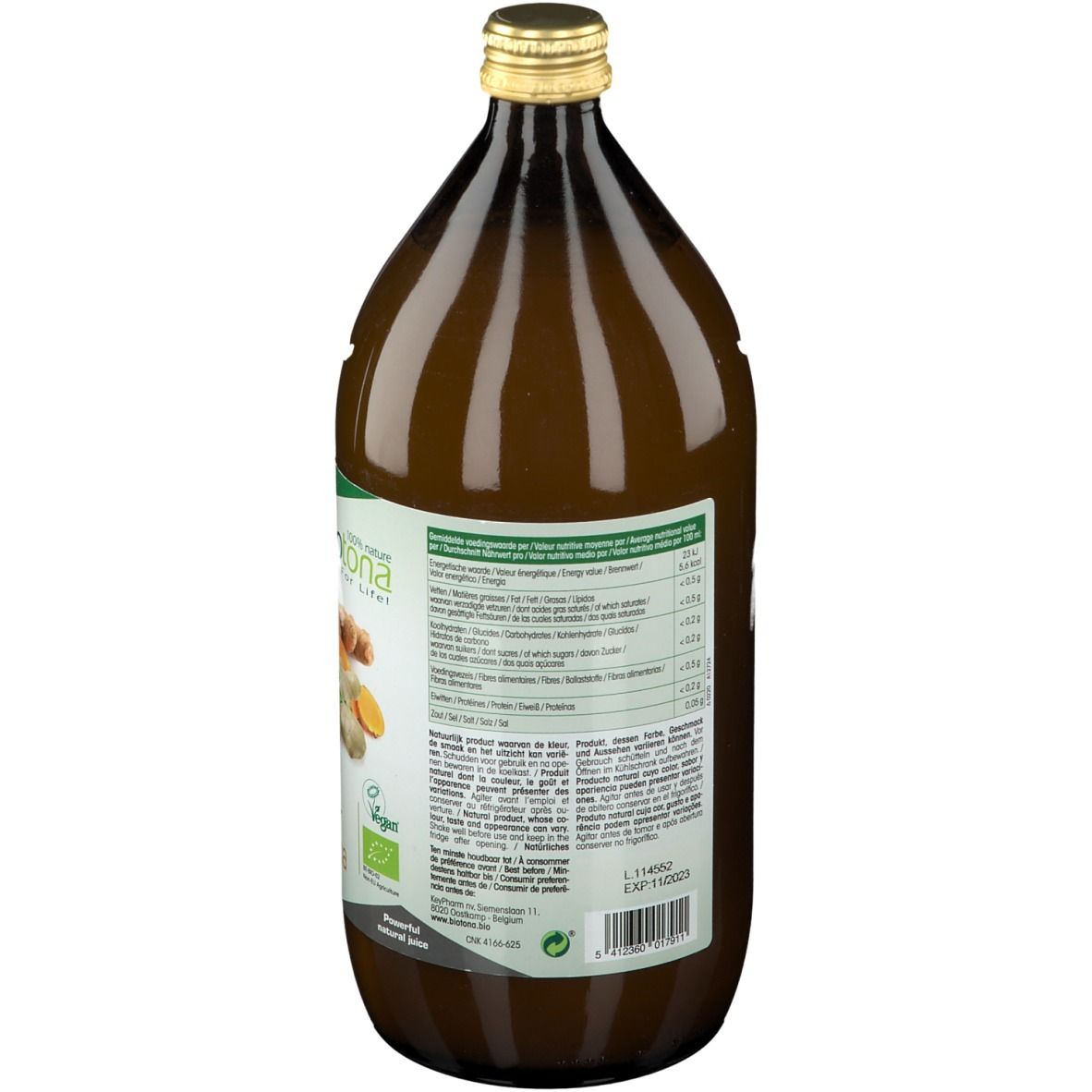 Dos d'une bouteille en verre brun. Étiquette avec informations nutritionnelles et ingrédients. Label bio.