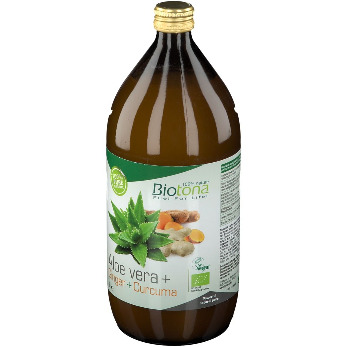 Bouteille en verre brun avec bouchon doré. Étiquette avec aloe vera, gingembre et curcuma. Label bio.
