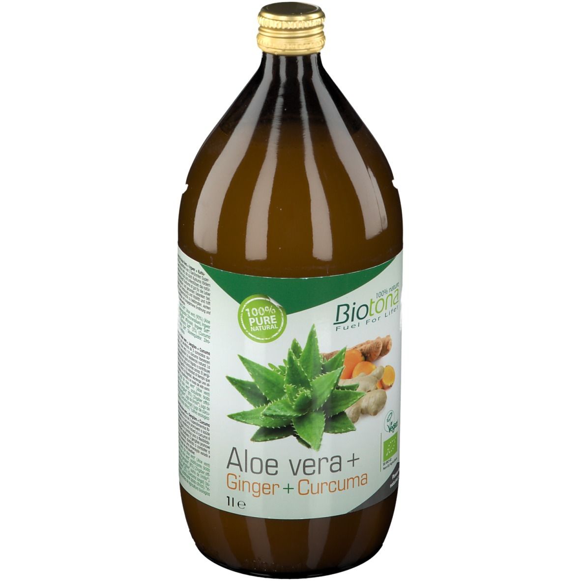 Bouteille en verre brun avec bouchon doré. Étiquette avec aloe vera, gingembre et curcuma. Label bio.