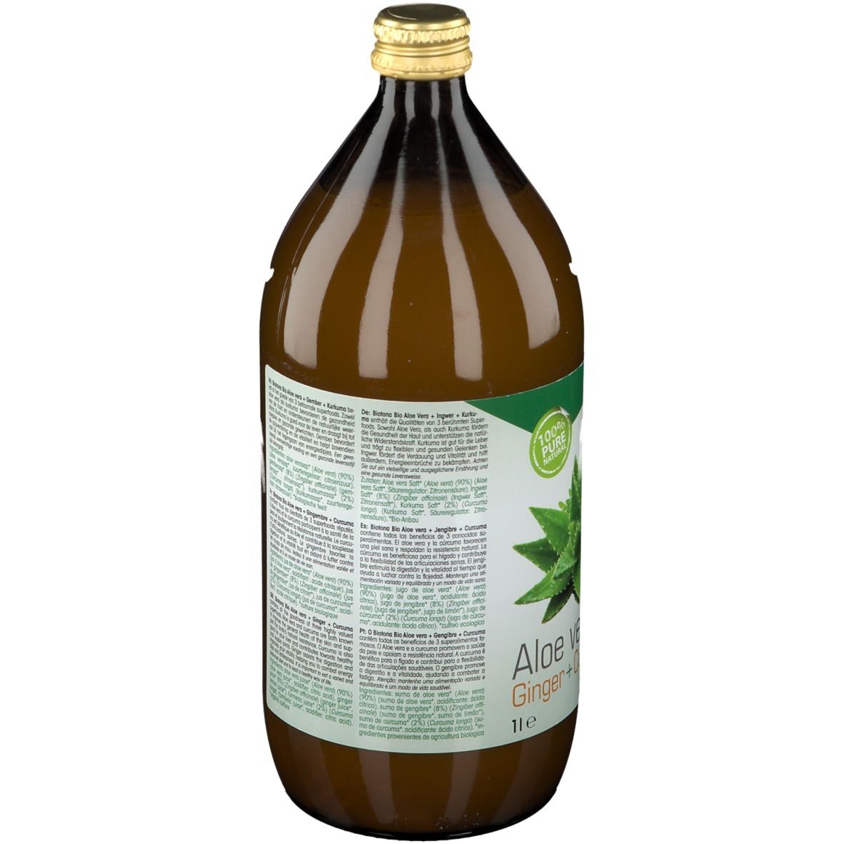 Dos d'une bouteille en verre brun. Étiquette avec texte et label bio. Bouchon doré.