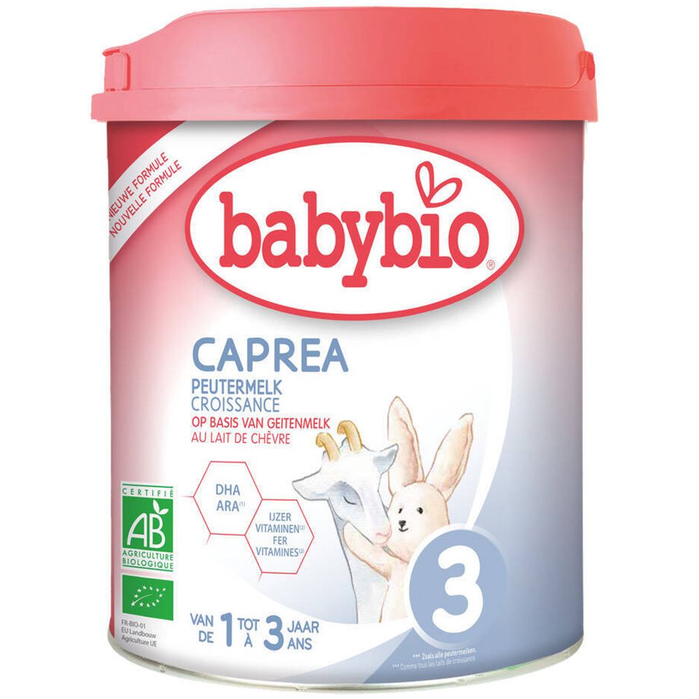 Boîte de lait Babybio Caprea 3, avec couvercle. Inscription: Caprea, 1-3 ans, label AB. Illustration: chèvre et lapin.