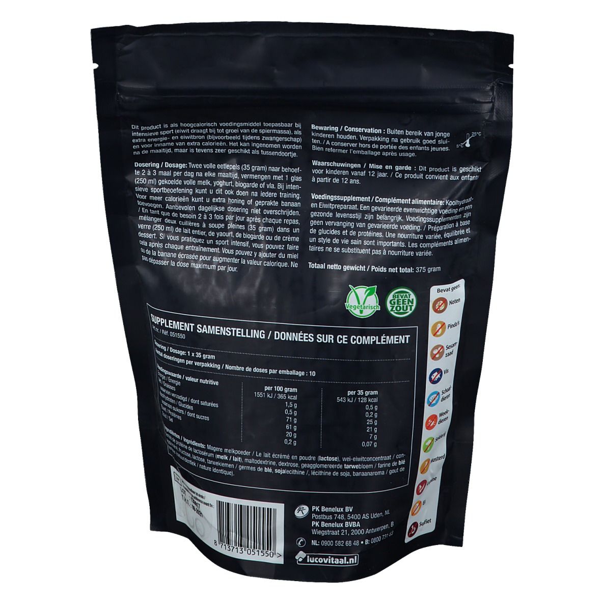 Dos du sachet Lucovitaal avec texte et informations nutritionnelles. Label vert.
