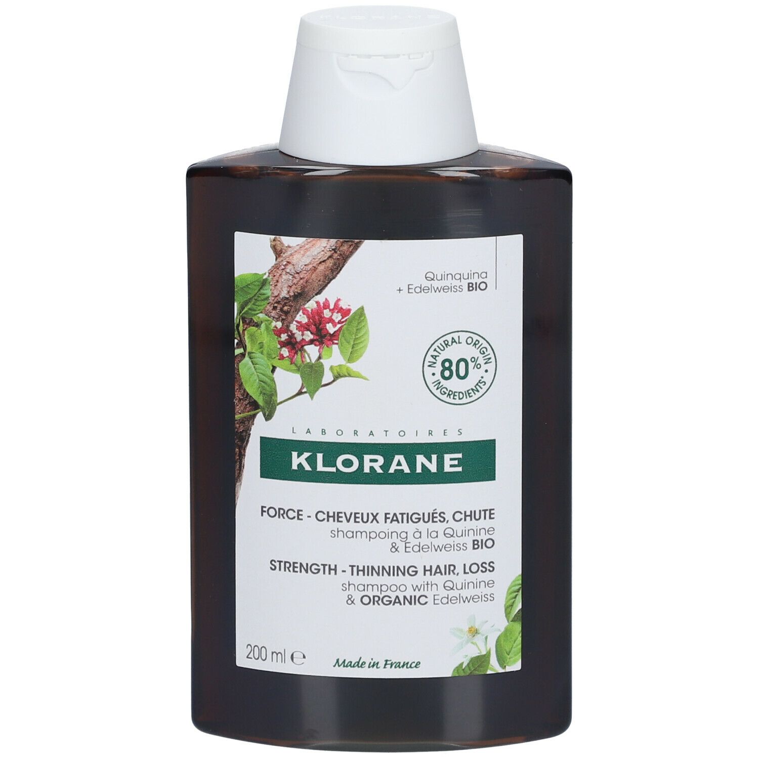 Flacon brun avec bouchon blanc. Étiquette avec logo et texte. "80% ingrédients naturels".