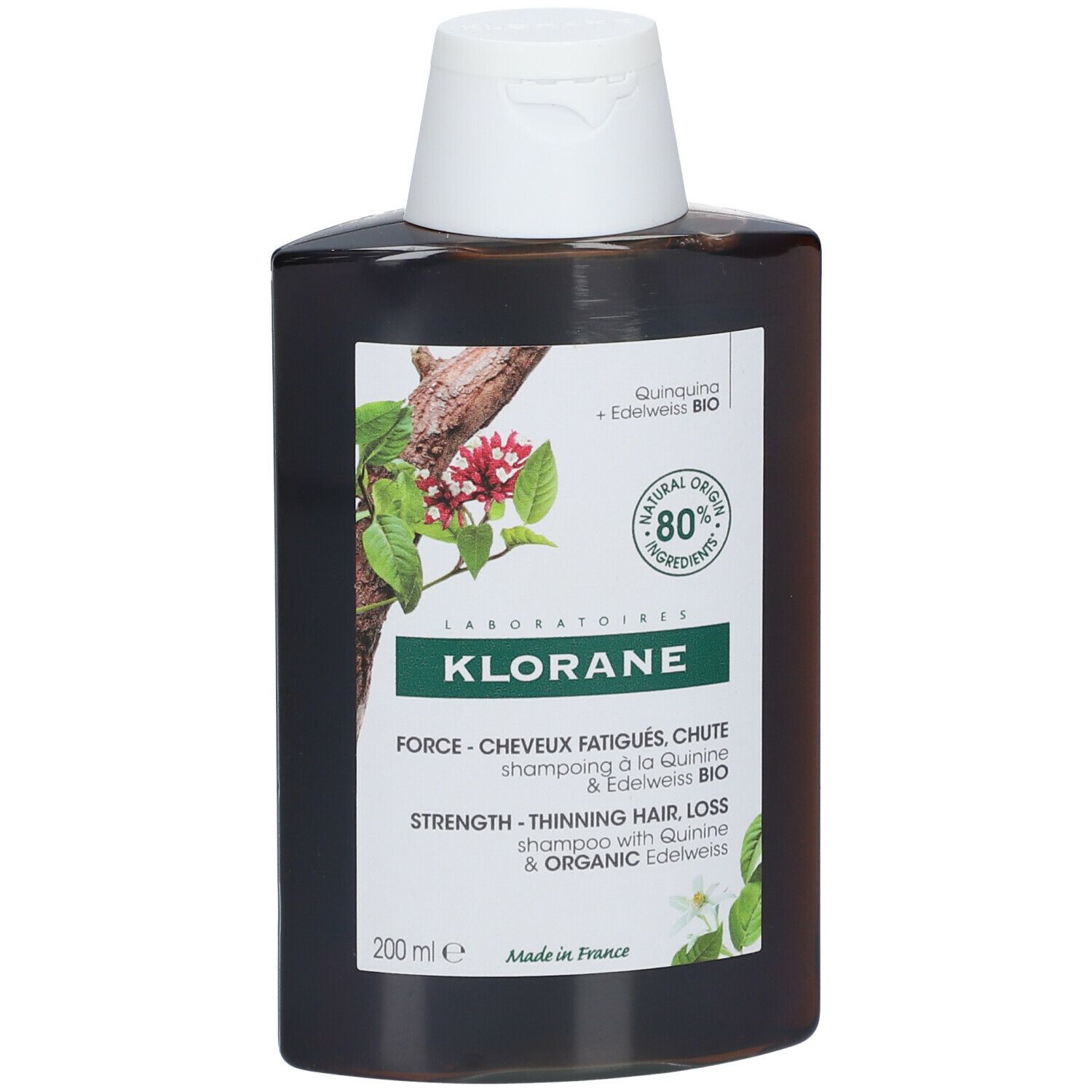 Flacon brun avec bouchon blanc. Étiquette avec logo et texte. "80% ingrédients naturels".